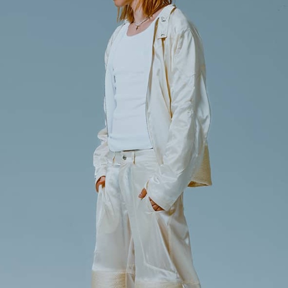 PDF channel satin cream zip up bomber jacket
